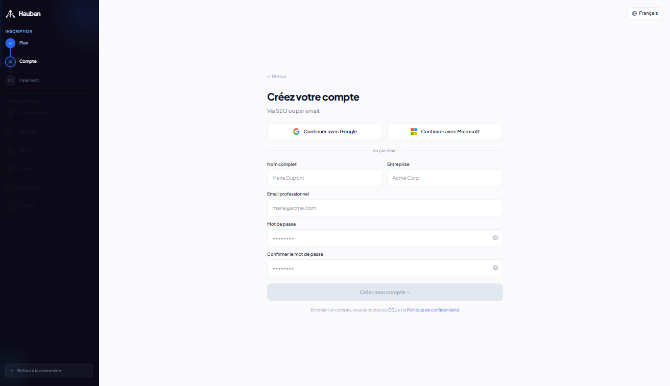 Hauban sign-up page